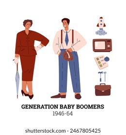 Retro poster Baby Boomer Generation . Vector image of people in old-fashioned suits with a classic TV, a rocket and a work briefcase. Reflects the era of 1946-64.