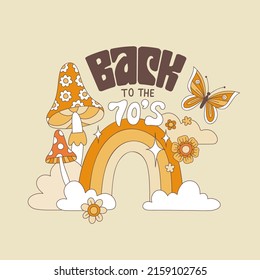 Retro-Poster "Zurück in die 70er" mit Fliegenagar, Regenbogen, Schmetterlingen und Blumen. Blumenkind, Boho, Vektorgrafik im Hippie-Stil.