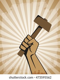 Retro poster, banner or flyer. Hand with a hammer on a beige background with rays. Vector illustration.