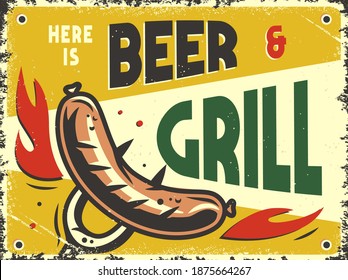 Retro poster with barbeque BBQ sausage on a fork for picnic, party grill and camping