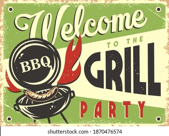 Retro poster with barbeque maker and BBQ sausage for picnic, grill party and camping