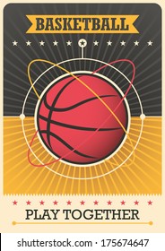 Retro poster with basketball ball. Vector illustration.