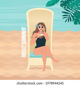 Retro Poster With Beautiful Woman Resting On The Beach, Sitting On The Old Sunbed And Drinks Cocktail. Vector Illustration, Flat Style