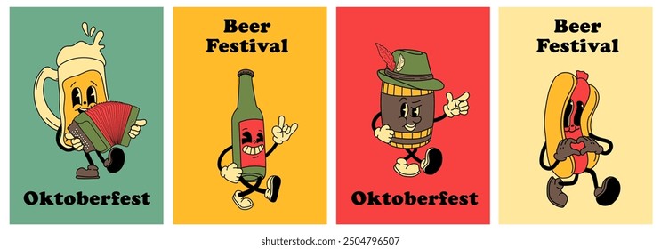 Retro poster with retro Beer, Hot Dog mascot character. 40s, 50s, 60s old animation style. Oktoberfest mascot