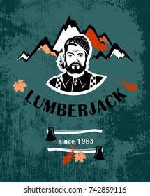 Retro poster with big mountains and bearded lumberjack who smoking pipe