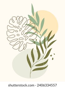 Retro poster in boho style. Abstract landscape with moon, sun and branch with leaves. Wall art, minimal design, vector