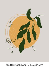 Retro poster in boho style. Abstract landscape with moon, sun and branch with leaves. Wall art, minimal design, vector