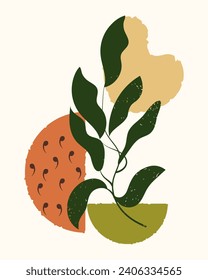 Retro poster in boho style. Abstract landscape with moon, sun and branch with leaves. Wall art, minimal design, vector