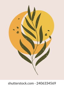 Retro poster in boho style. Abstract landscape with moon, sun and branch with leaves. Wall art, minimal design, vector