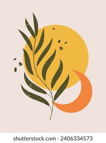 Retro poster in boho style. Abstract landscape with moon, sun and branch with leaves. Wall art, minimal design, vector