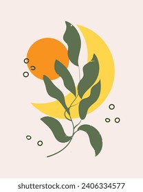 Retro poster in boho style. Abstract landscape with moon, sun and branch with leaves. Wall art, minimal design, vector