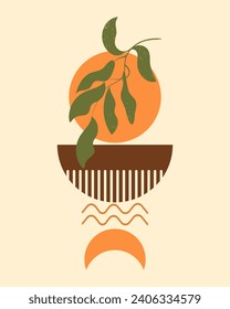 Retro poster in boho style. Abstract landscape with moon, sun and branch with leaves. Wall art, minimal design, vector