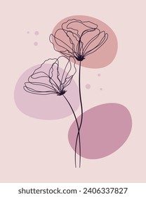 Retro-Poster im Boho-Stil. Abstrakte Landschaft mit Konturblumen. Wall-Kunst, minimales Design, Vektorgrafik
