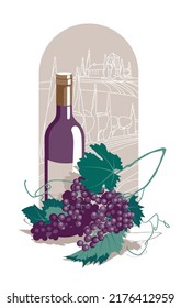 Retro poster with a bottle of red wine and a bunch of grapes on the background of a winery landscape. flat vector illustration