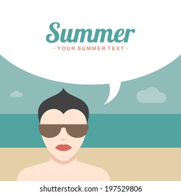 Retro poster boy on the beach and speech bubble vintage vector background