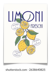 Retro poster with branch of lemons and leaves. Italian banner with pencil drawn fresh citrus sliced fruits. Vintage elegant ink pen drawing. Kitchen, restaurant or bar decoration. Vector illustration.