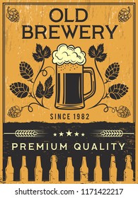 Retro poster of brewery. Vector template illustration. Beer brewery banner, restaurant pub poster