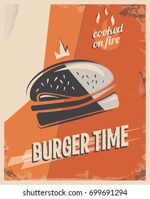 Retro poster with burger with beef meat. restaurant concept and design. Vintage style background. vector illustration