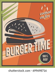Retro poster with burger with beef meat. restaurant concept and design. Vintage style background. vector illustration