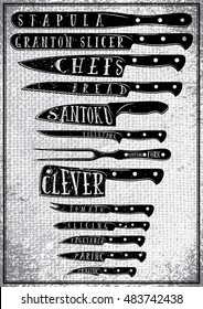 retro poster with burlap texture with different types of kitchen knives