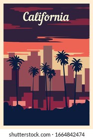 Retro poster California city skyline. California vintage, vector illustration.