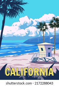 Retro Poster California. Lifeguard house on the beach, palm, coast, surf, ocean. Vector illustration vintage