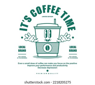  Retro Poster cartoon character of coffee cup Graphic Design for T shirt Street Wear and Urban Style