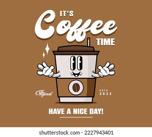 Retro Poster cartoon character of coffee cup Graphic Design for T shirt Street Wear and Urban Style