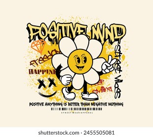 retro poster cartoon character of daisy flower graphic design in grunge style for t shirt ,street wear,urban style and screen printing.