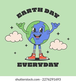 Retro Poster with cartoon character of earth. World Earth day. Vintage motivation poster template with cute Earth planet character mascot.vector illustration