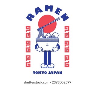 Cartel retro caricaturista de ramen, comida japonesa Diseño gráfico para camisetas de calle y estilo urbano