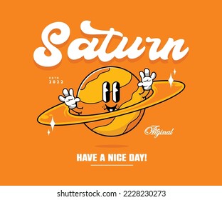 Cartel retro personaje de caricatura del planeta saturn Diseño gráfico para camisetas de calle y estilo urbano