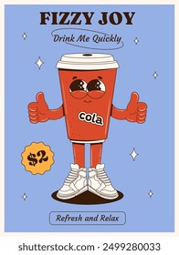 Retro poster with a character in the form of a paper cup in groovy style. Various drinks. Funny cup with eyes, legs, arms. Cinema drink. Vector illustration of a cup with a drink