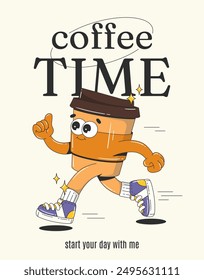 Retro poster with coffee cup in trendy groovy style. Mascot cartoon character for cafe, coffee shop or restaurant.