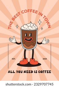 Retro poster with coffee mascot, cartoon characters, funny colorful doodle style characters, cappuccino, cocoa, latte, espresso. Vector illustration with typography elements
