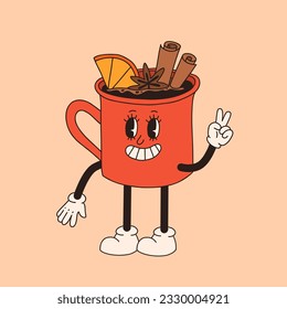 Retro poster with coffee mascot, cartoon characters, funny colorful doodle style characters, cappuccino, cocoa, latte, espresso. Vector illustration on beige isolated background.
