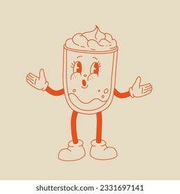 Retro poster with coffee mascot, cartoon characters, funny line doodle style characters, cappuccino, cocoa, latte, espresso. Vector illustration on beige isolated background.