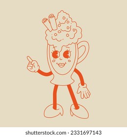 Retro poster with coffee mascot, cartoon characters, funny line doodle style characters, cappuccino, cocoa, latte, espresso. Vector illustration on beige isolated background.