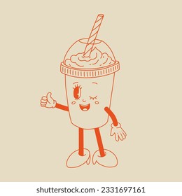 Retro poster with coffee mascot, cartoon characters, funny line doodle style characters, cappuccino, cocoa, latte, espresso. Vector illustration on beige isolated background.