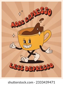 Retro poster with coffee mascot, cartoon characters, funny colorful doodle style characters, cappuccino, cocoa, latte, espresso. Vector illustration with typography elements