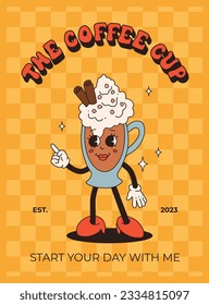 Retro poster with coffee mascot, cartoon characters, funny colorful doodle style characters, cappuccino, cocoa, latte, espresso. Vector illustration with typography elements