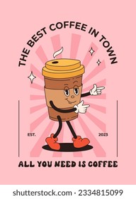 Retro poster with coffee mascot, cartoon characters, funny colorful doodle style characters, cappuccino, cocoa, latte, espresso. Vector illustration with typography elements