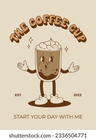 Retro poster with coffee mascot, cartoon characters, funny colorful doodle style characters, cappuccino, cocoa, latte, espresso. Vector illustration with typography elements