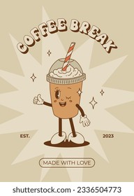 Retro poster with coffee mascot, cartoon characters, funny colorful doodle style characters, cappuccino, cocoa, latte, espresso. Vector illustration with typography elements