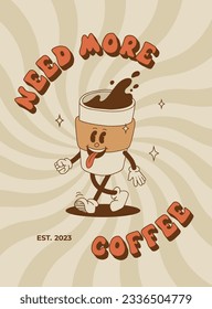 Retro poster with coffee mascot, cartoon characters, funny colorful doodle style characters, cappuccino, cocoa, latte, espresso. Vector illustration with typography elements