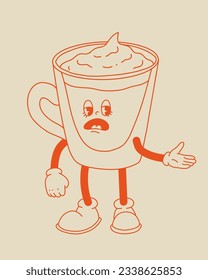 Retro poster with coffee mascot, cartoon characters, funny colorful doodle style characters, cappuccino, cocoa, latte, espresso. Vector illustration on beige isolated background.