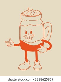 Retro poster with coffee mascot, cartoon characters, funny colorful doodle style characters, cappuccino, cocoa, latte, espresso. Vector illustration on beige isolated background.