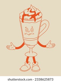 Retro poster with coffee mascot, cartoon characters, funny colorful doodle style characters, cappuccino, cocoa, latte, espresso. Vector illustration on beige isolated background.