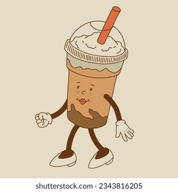 Retro poster with coffee mascot, cartoon characters, funny colorful doodle style characters, cappuccino, cocoa, latte, espresso, matcha, bobba. Vector groovy characters on colorful background