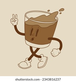 Retro poster with coffee mascot, cartoon characters, funny colorful doodle style characters, cappuccino, cocoa, latte, espresso, matcha, bobba. Vector groovy characters on colorful background